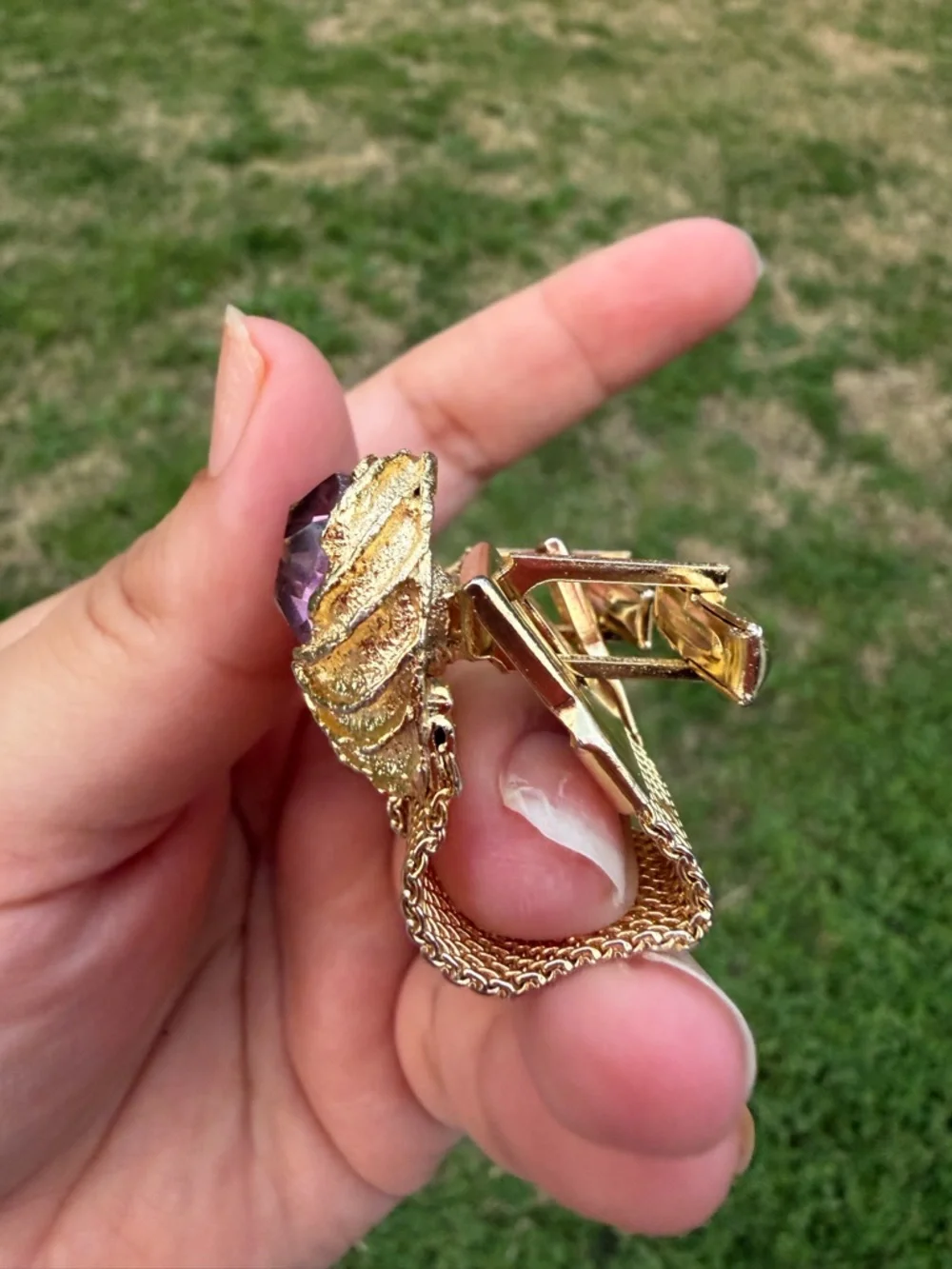 Vintage Gold-Tone Nugget With Purple Stones and Mesh Drop